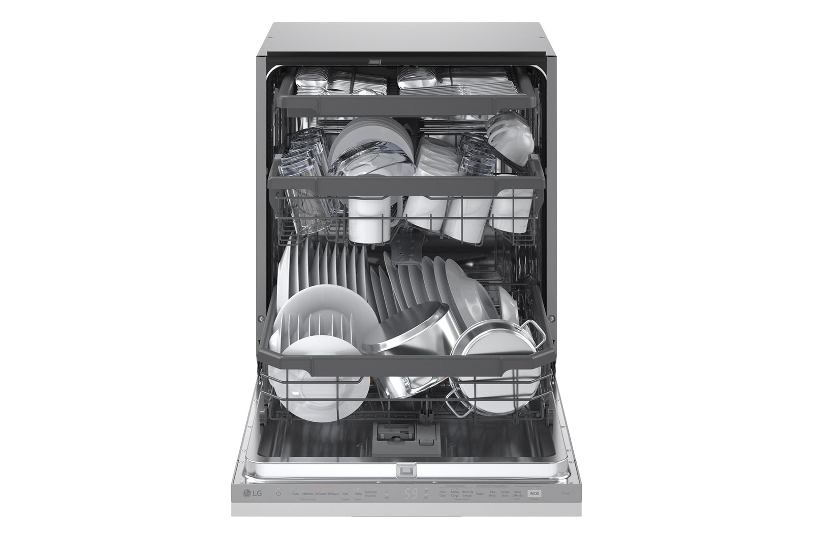 Foto frontale lavastoviglie DB375TXSW aperta con stoviglie